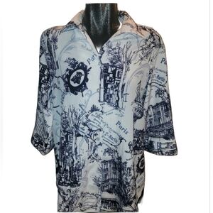 Alia White Paris Scene Print Cropped Sleeve Shirt Size 16